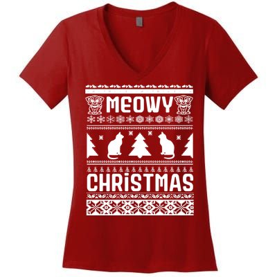 Meowy Cat Ugly Christmas Sweater Women's V-Neck T-Shirt