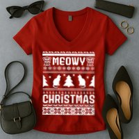 Meowy Cat Ugly Christmas Sweater Women's V-Neck T-Shirt
