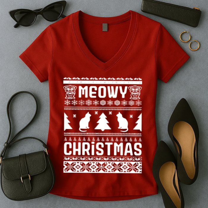 Meowy Cat Ugly Christmas Sweater Women's V-Neck T-Shirt