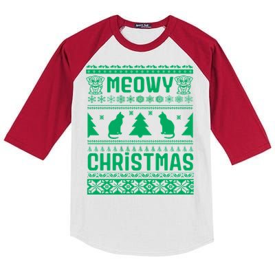 Meowy Cat Ugly Christmas Sweater Kids Colorblock Raglan Jersey