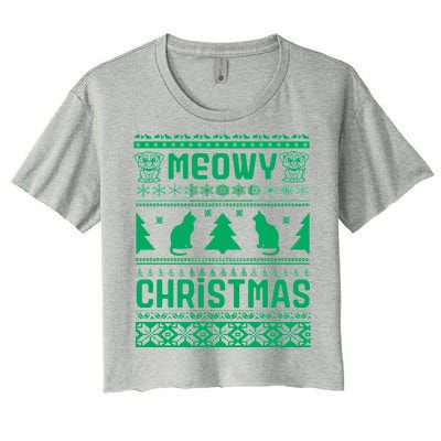 Meowy Cat Ugly Christmas Sweater Women's Crop Top Tee