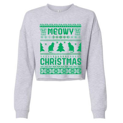 Meowy Cat Ugly Christmas Sweater Cropped Pullover Crew