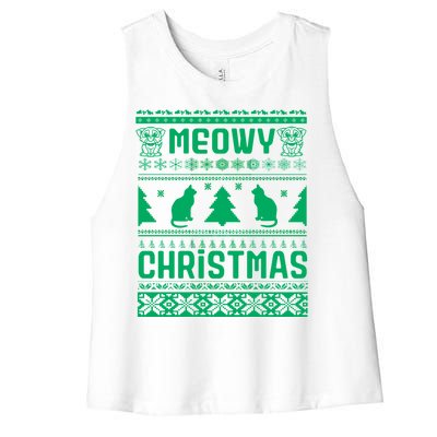 Meowy Cat Ugly Christmas Sweater Women's Racerback Cropped Tank