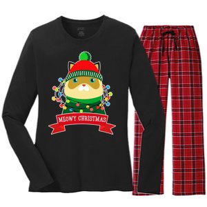 Meowy Christmas Cat Lights Women's Long Sleeve Flannel Pajama Set 