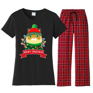 Meowy Christmas Cat Lights Women's Flannel Pajama Set