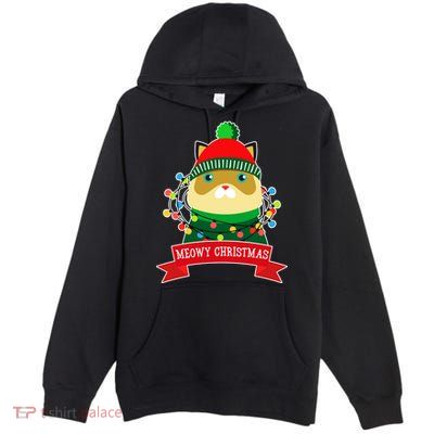 Meowy Christmas Cat Lights Premium Pullover Hoodie
