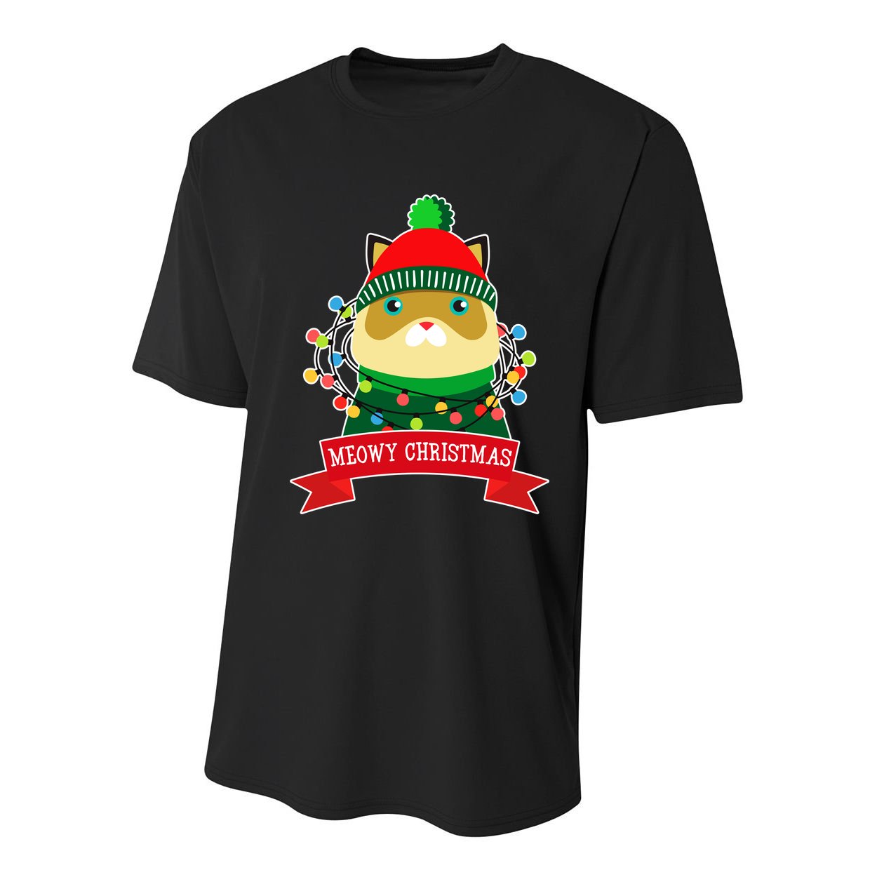 Meowy Christmas Cat Lights Youth Performance Sprint T-Shirt