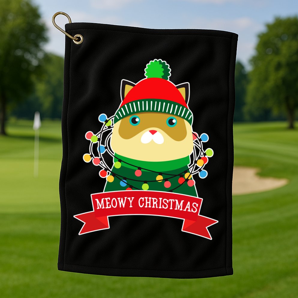 Meowy Christmas Cat Lights Golf Towel