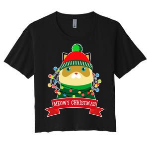 Meowy Christmas Cat Lights Women's Crop Top Tee