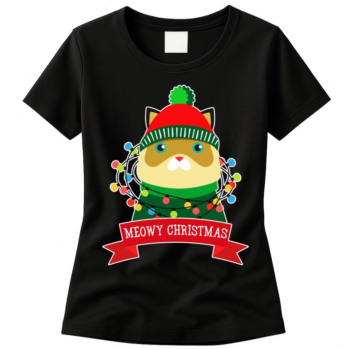 Meowy Christmas Cat Lights Womens T-Shirt