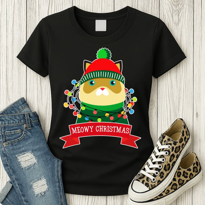 Meowy Christmas Cat Lights Womens T-Shirt