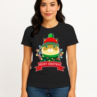 Meowy Christmas Cat Lights Womens T-Shirt