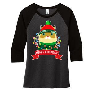 Meowy Christmas Cat Lights Women's Tri-Blend 3/4-Sleeve Raglan Shirt