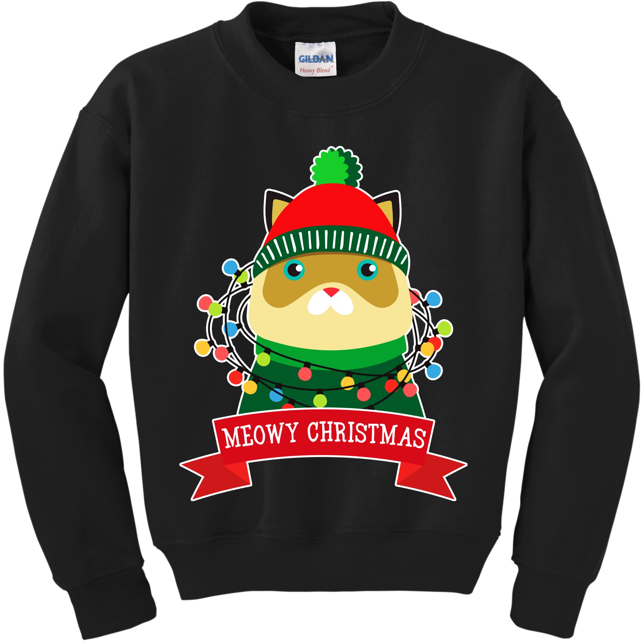Meowy Christmas Cat Lights Kids Sweatshirt