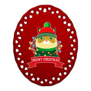 Meowy Christmas Cat Lights Ceramic Oval Ornament