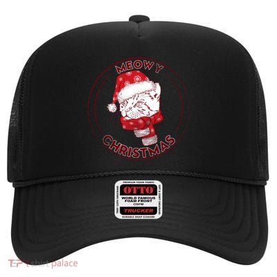 Meowy Christmas Emblem High Crown Mesh Back Trucker Hat