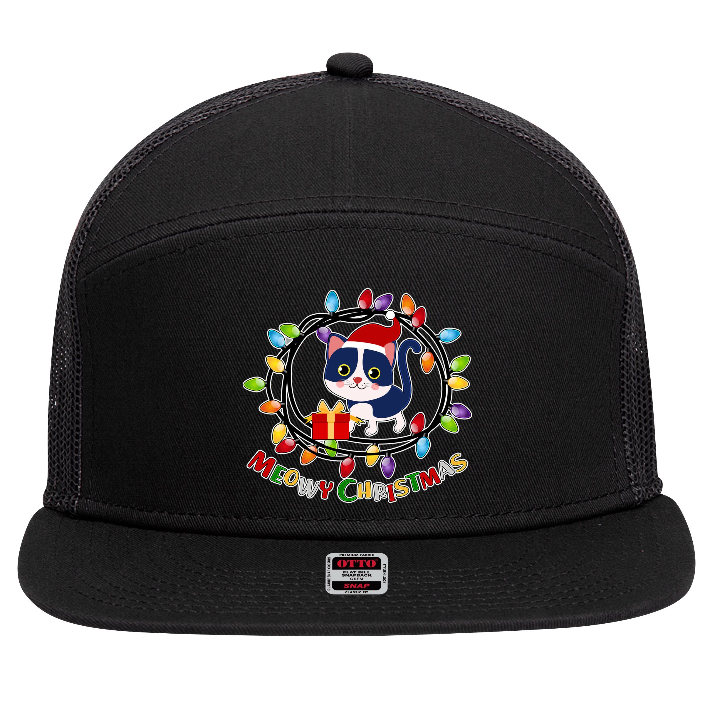 Meowy Christmas Kitty 7 Panel Mesh Trucker Snapback Hat