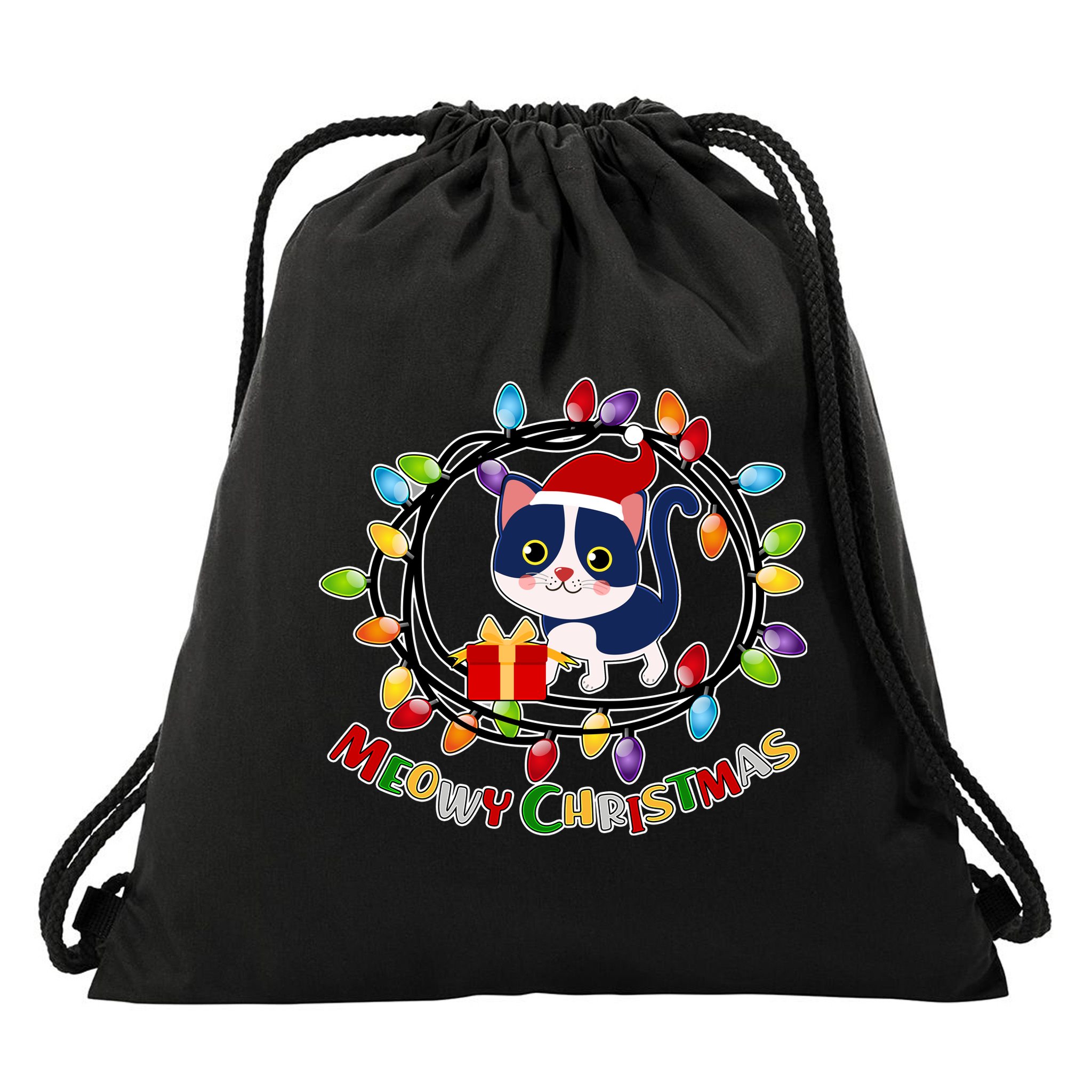Meowy Christmas Kitty Drawstring Bag
