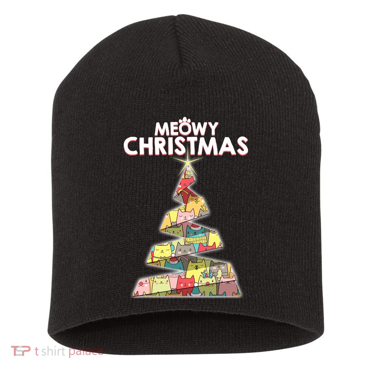 Meowy Christmas Tree For Cat Lovers Short Acrylic Beanie