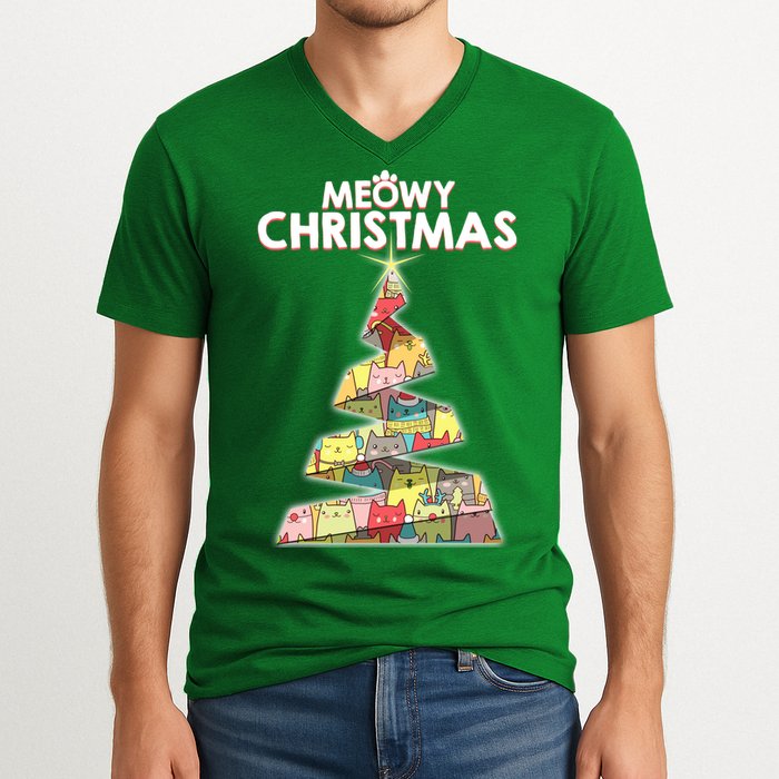 Meowy Christmas Tree For Cat Lovers V-Neck T-Shirt