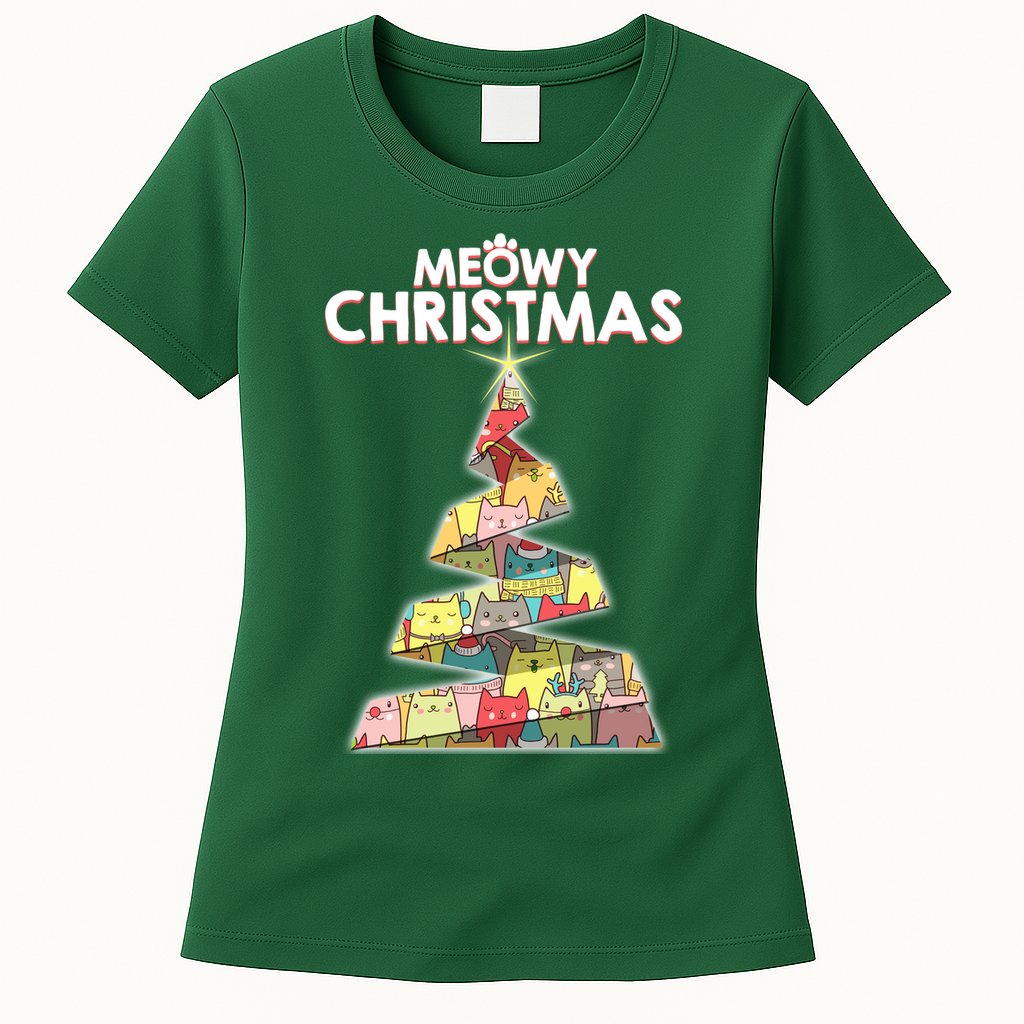 Meowy Christmas Tree For Cat Lovers Womens T-Shirt