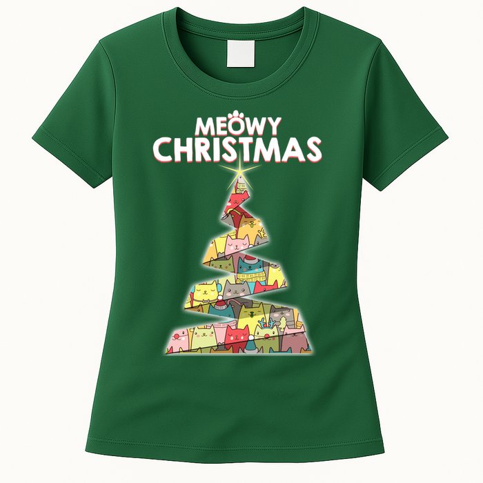 Meowy Christmas Tree For Cat Lovers Womens T-Shirt