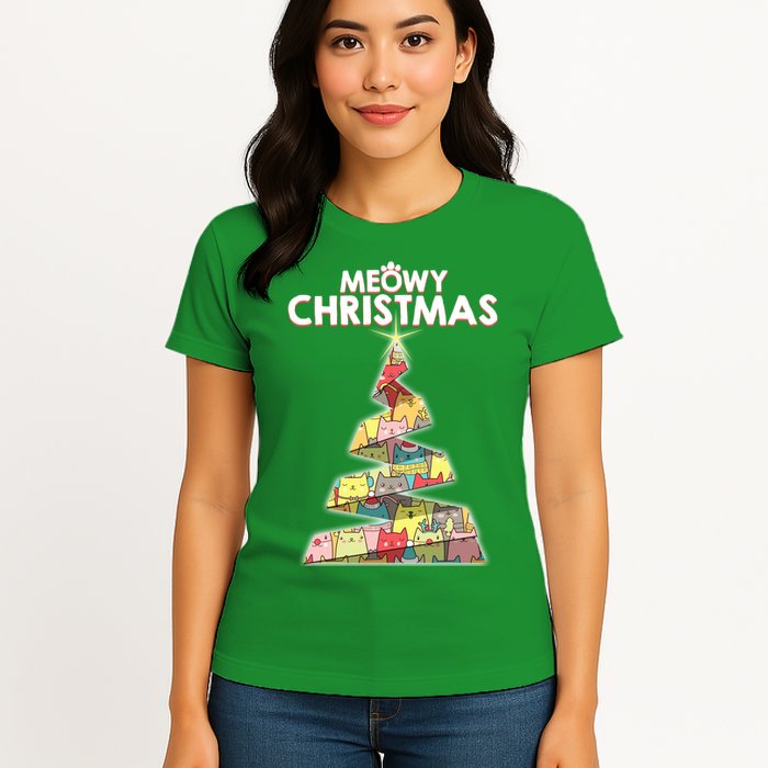 Meowy Christmas Tree For Cat Lovers Womens T-Shirt