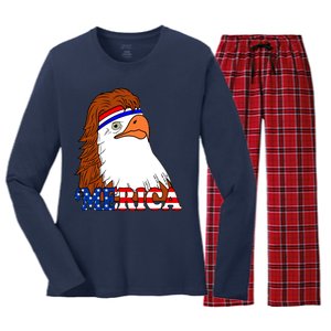 Merica Bald Eagle Retro USA Flag Women's Long Sleeve Flannel Pajama Set 