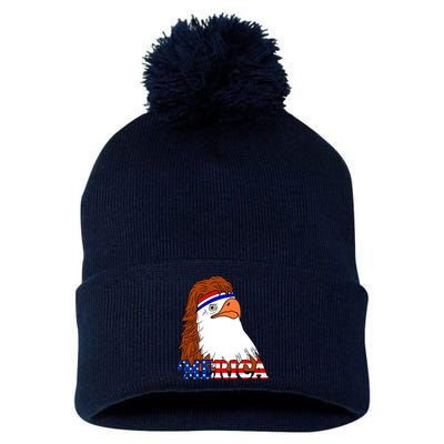 Merica Bald Eagle Retro USA Flag Pom Pom 12in Knit Beanie