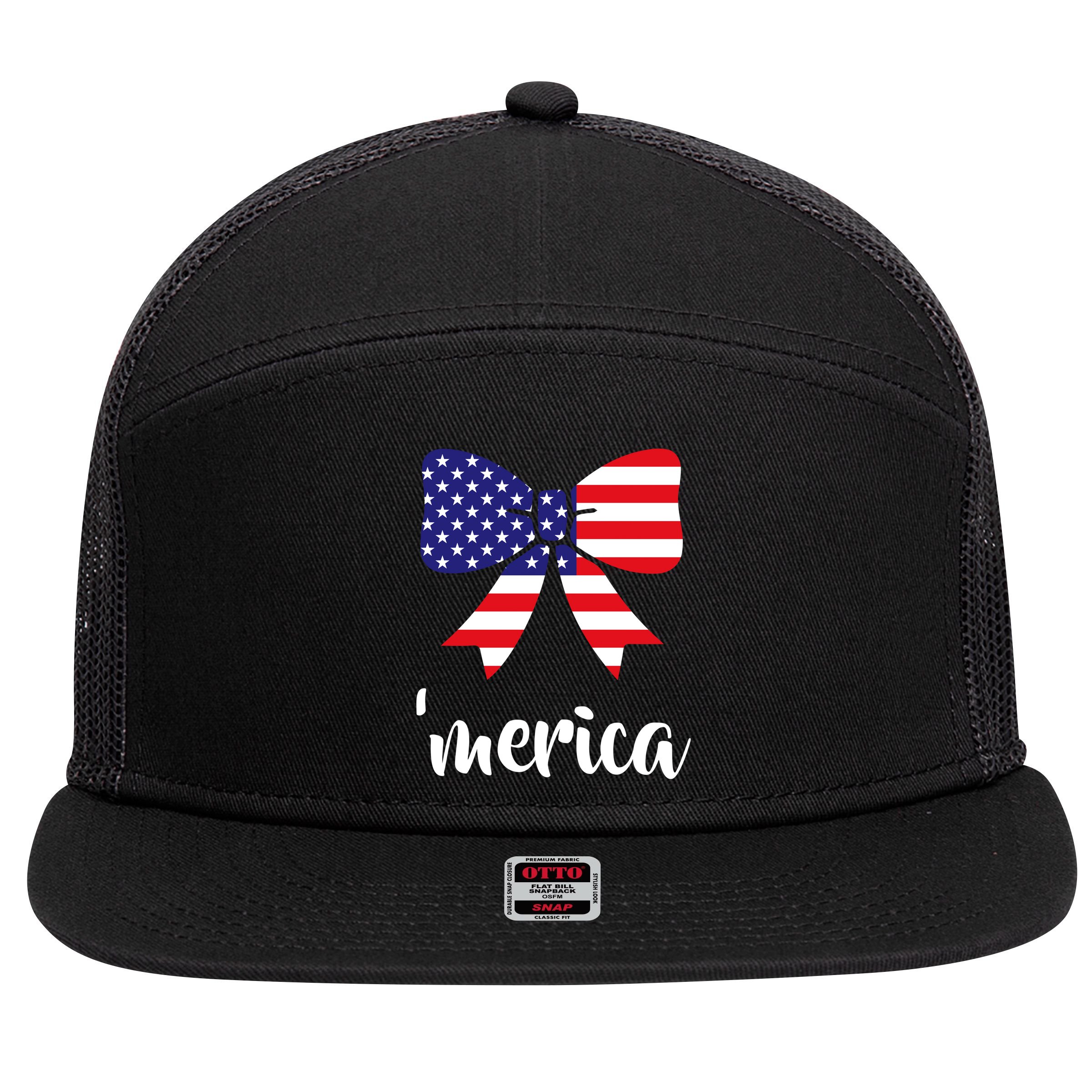 Merica Bow Tie USA Flag 7 Panel Mesh Trucker Snapback Hat