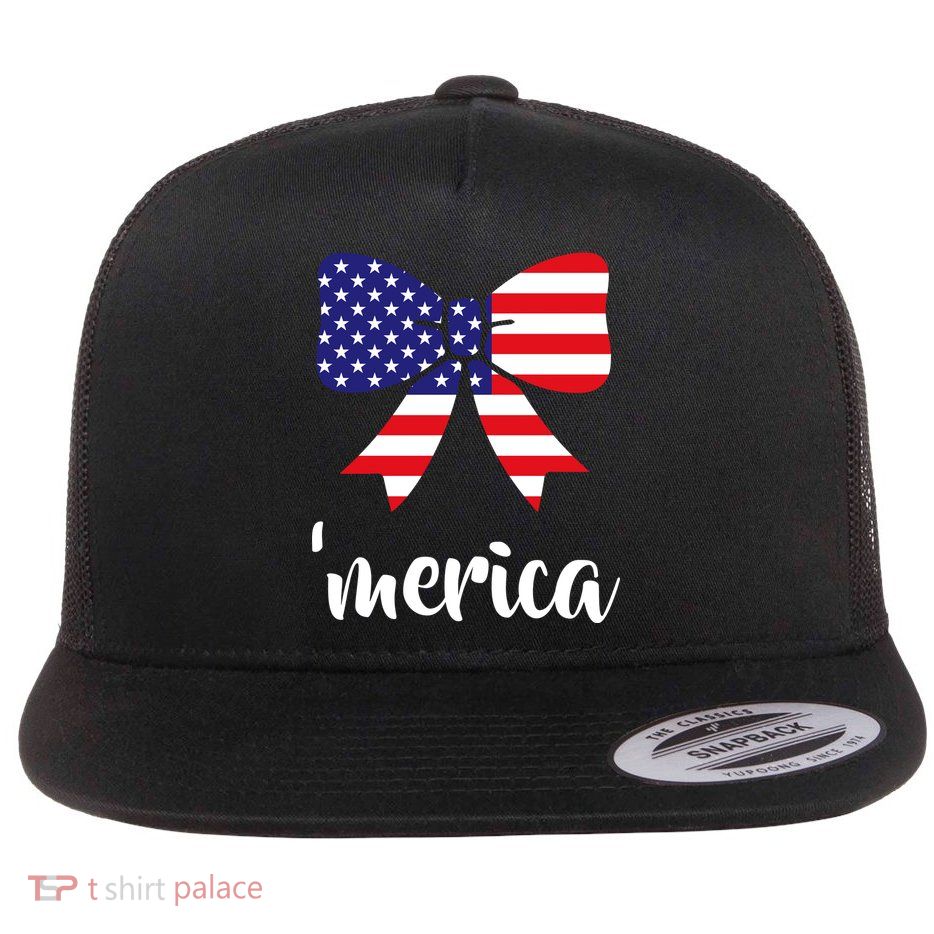Merica Bow Tie USA Flag Flat Bill Trucker Hat