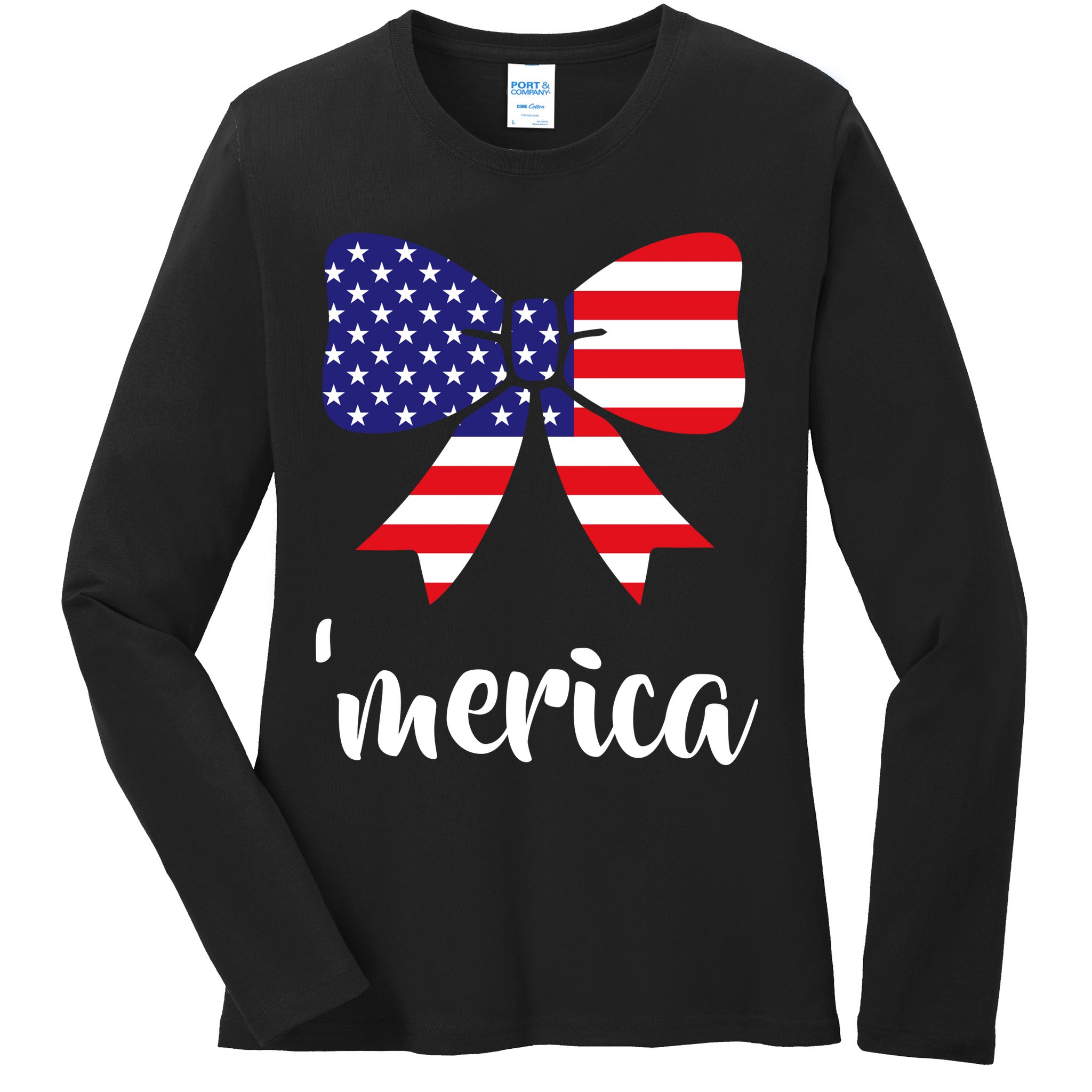 Merica Bow Tie USA Flag Ladies Long Sleeve Shirt