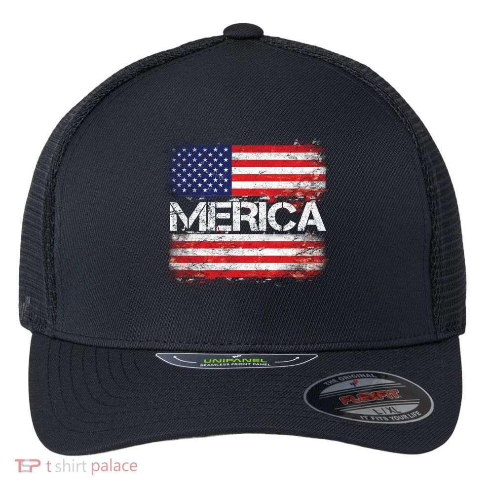 Merica Distressed Flag Flexfit Unipanel Trucker Cap