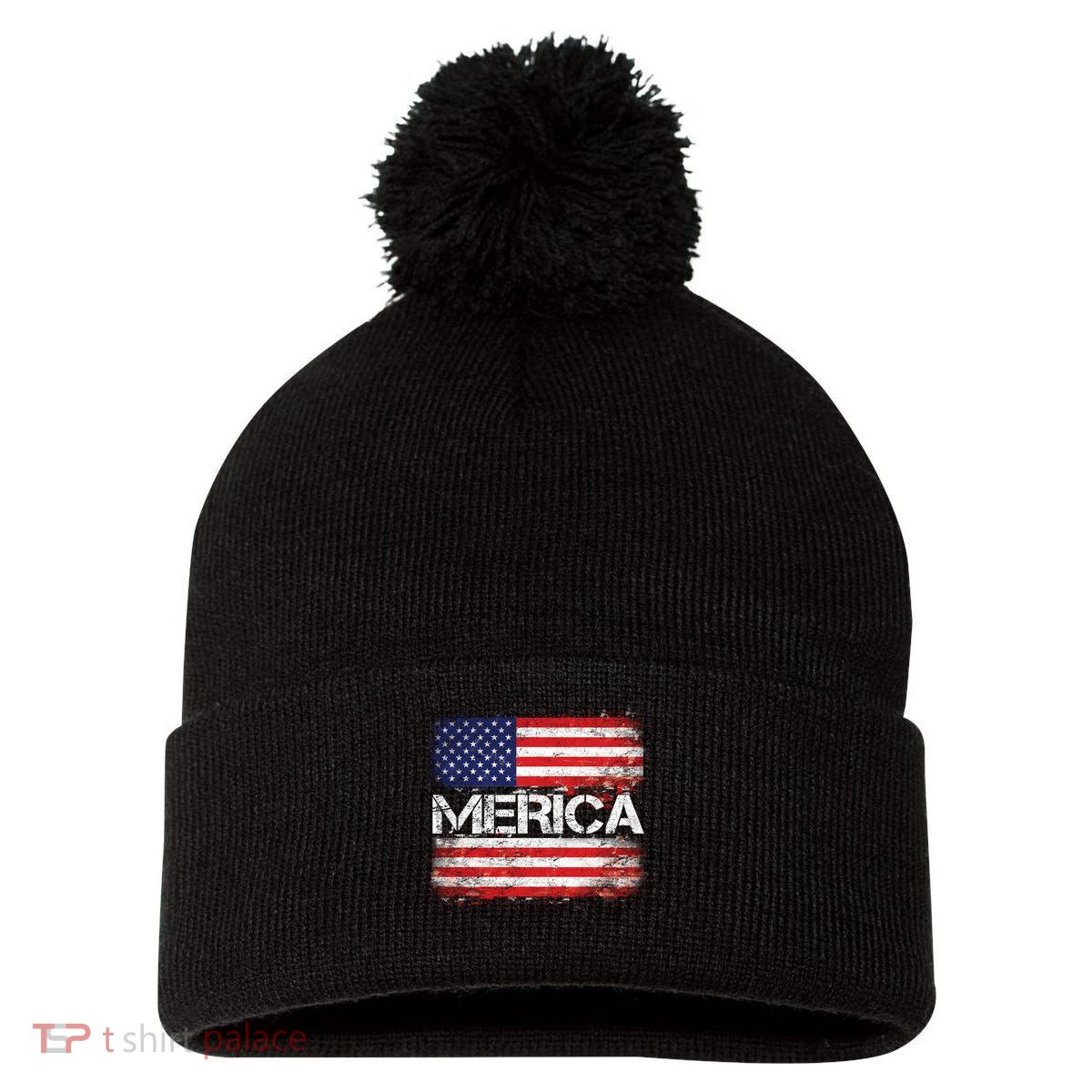 Merica Distressed Flag Pom Pom 12in Knit Beanie