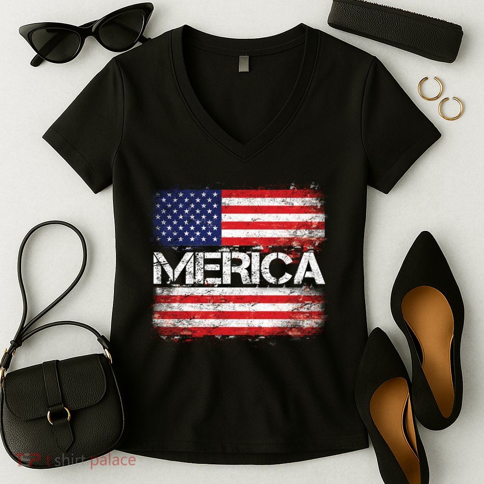 Merica Distressed Flag Women's V-Neck T-Shirt