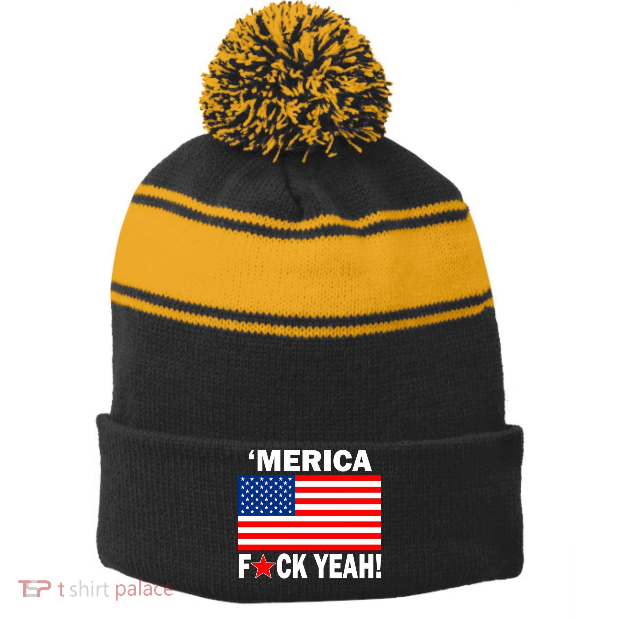 Merica F*ck Yeah! USA Stripe Pom Pom Beanie