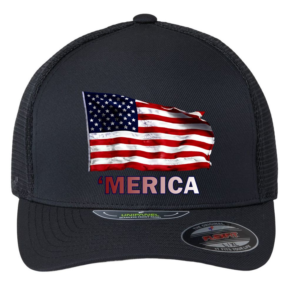Merica Flag Wave Flexfit Unipanel Trucker Cap