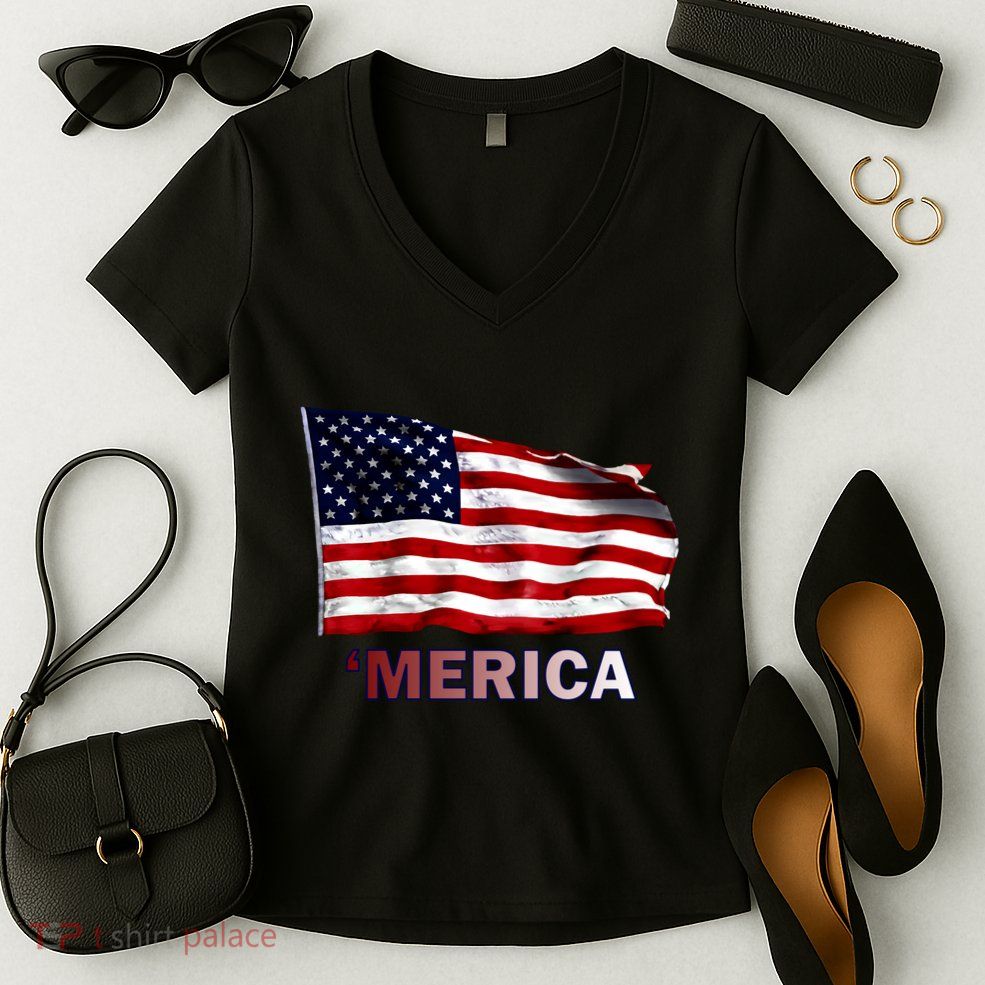 Merica Flag Wave Women's V-Neck T-Shirt
