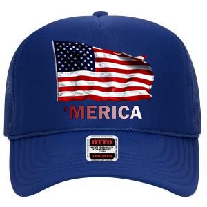 Merica Flag Wave High Crown Mesh Back Trucker Hat