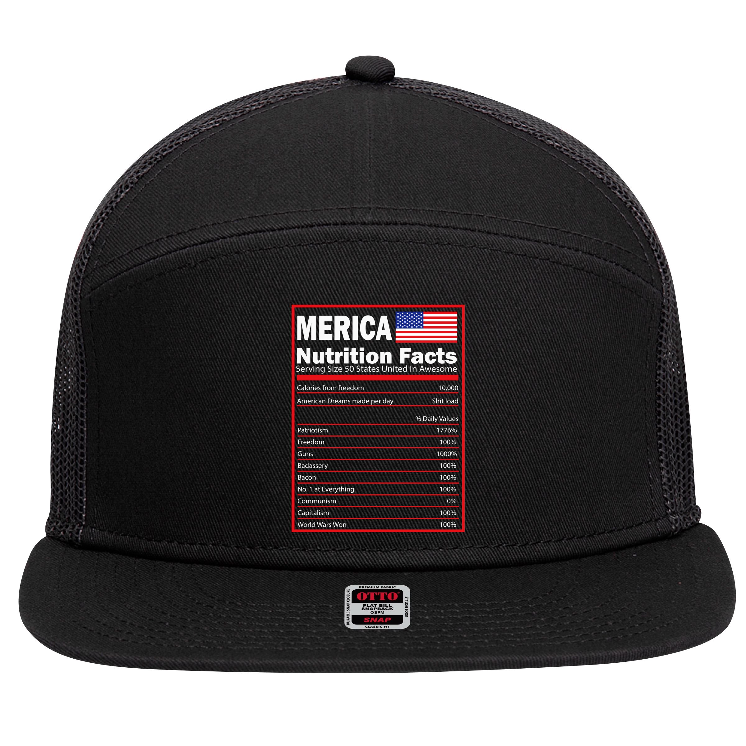 Merica Nutrition Facts 7 Panel Mesh Trucker Snapback Hat