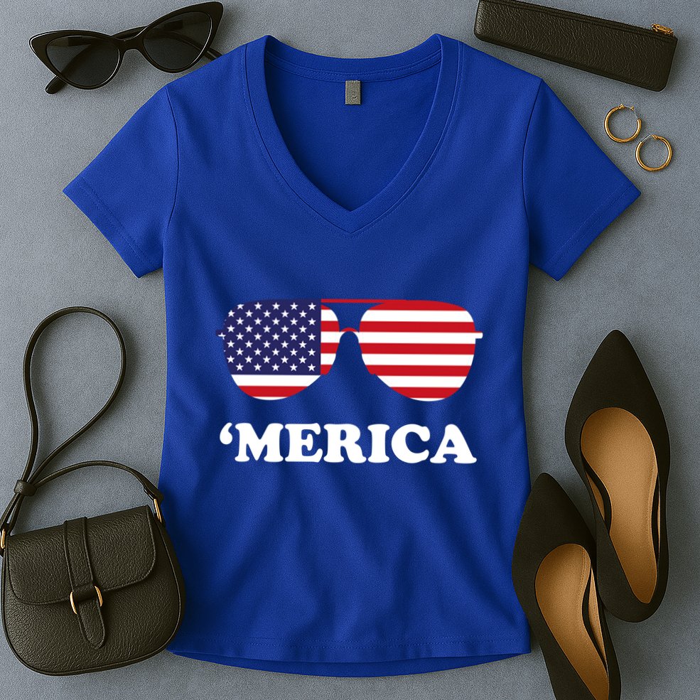 Merica Sun Glasses Shades USA Flag Women's V-Neck T-Shirt