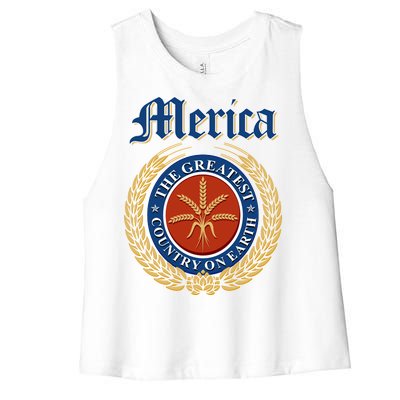 Merica The Greatest Country On Earth Beer Label  Women's Racerback Cropped Tank