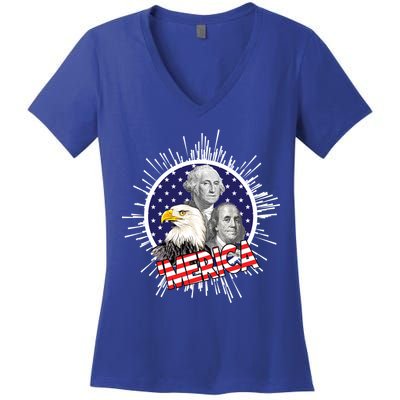 Merica US Presidents Bald Eagle USA Flag Women's V-Neck T-Shirt