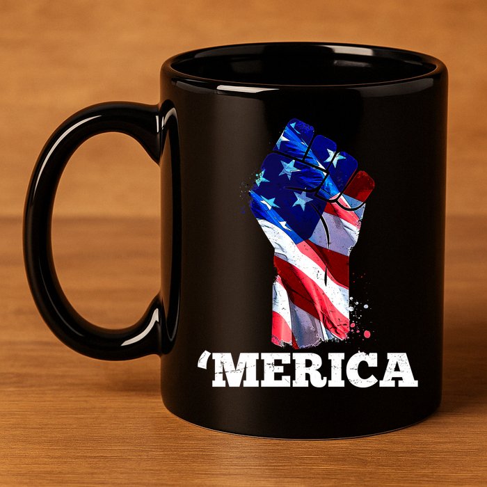 Merica USA American Flag Fist 11oz C Handle Ceramic Mug