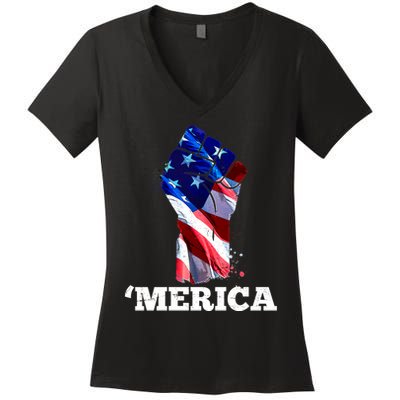 Merica USA American Flag Fist Women's V-Neck T-Shirt