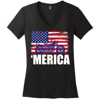 Merica USA Motorcycle  Women's V-Neck T-Shirt