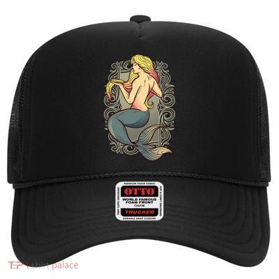 Mermaid Illustration High Crown Mesh Back Trucker Hat