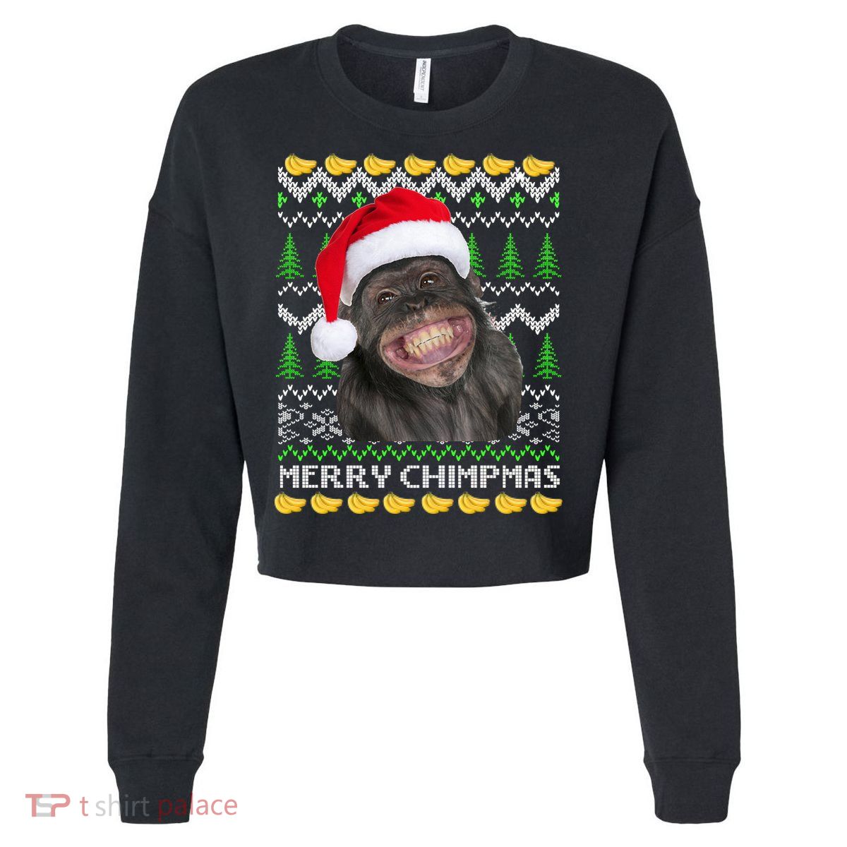 Merry Chimpmas Monkey Ugly Christmas Sweater Cropped Pullover Crew