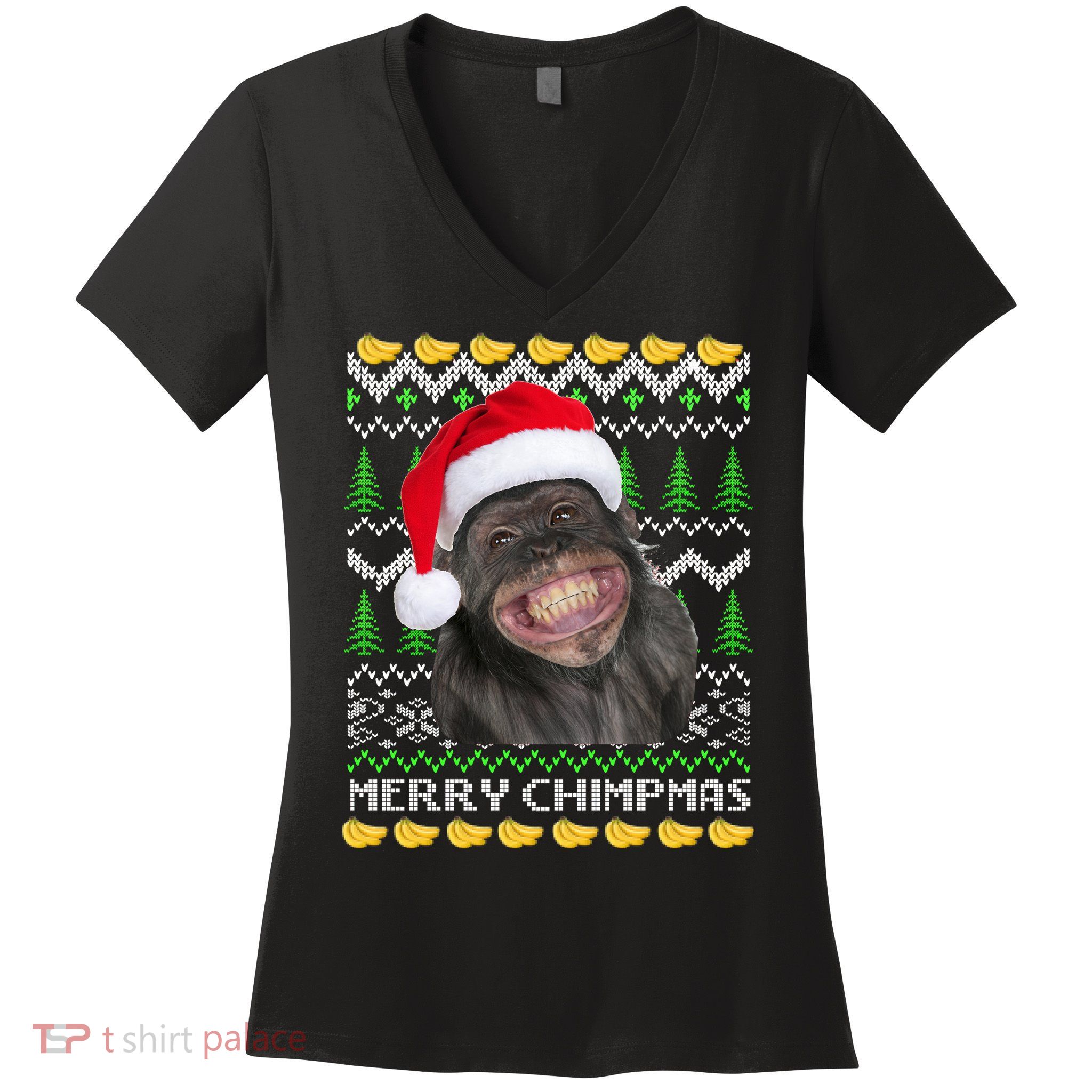 Merry Chimpmas Monkey Ugly Christmas Sweater Women's V-Neck T-Shirt