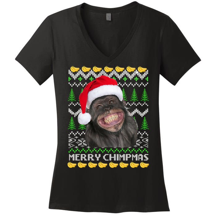 Merry Chimpmas Monkey Ugly Christmas Sweater Women's V-Neck T-Shirt
